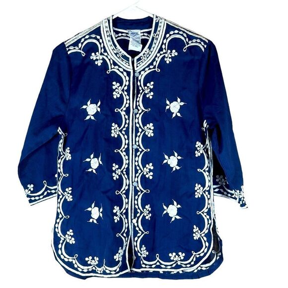 Chuchi Blue and White Embroidered Button Front Top / Cardigan Size Small 📦 - Picture 1 of 7